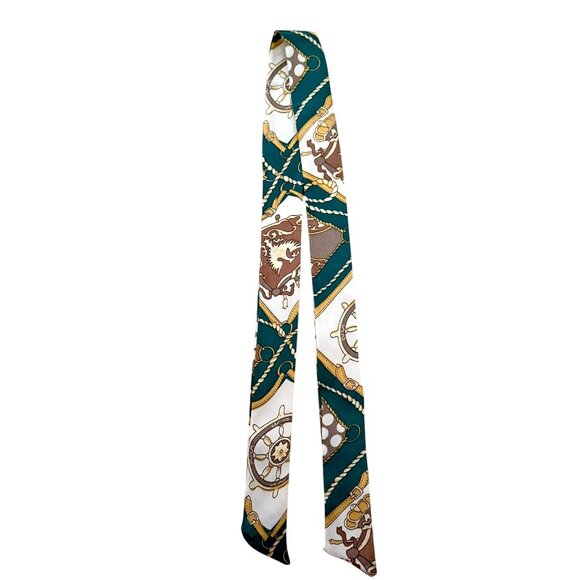 Silk Slim Scarf Green Brown Gold Nautical Crest Print 35In Long Equestrian No19 - Picture 3 of 10